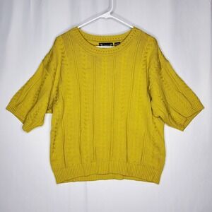 Wainscott Cable Knit Sweater Women Large Chartreuse Short Sleeve Quiet Luxury